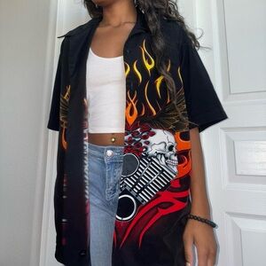 Flame Skull Graphic Casual Button Down Shirt